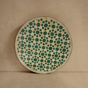 UNIQUE MOSAIC TABLE, Handmade Round Green & Beige Table, Traditional Custom Indalusia Design,  Outdoor Coffee Table, Garden And Patio Set.