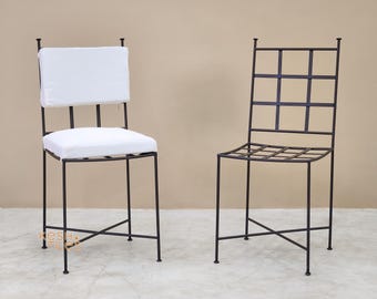 Marokkaanse smeedijzeren eetkamerstoelen, tuinmeubelset met kussens, kussens naar keuze