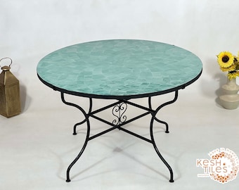 UNIQUE MOSAIC TABLE, Handmade Round Cyan Table, Traditional Custom Made Flower Design,  Luxurious Outdoor Patio Furniture For Home Decor