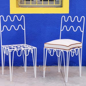 SET Of IRON CHAIRS - White Handpainted Iron Stools - Luxurious Wrought Chairs With Free White Cushions, Indoor/Outdoor Home Furniture