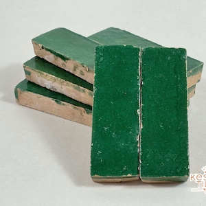1 Square Feet GREEN ZELLIGE BEJMAT - 14 x 4.5 cm | 6 x 2&#39;&#39; Tiles For Home Decor - Bathroom , Kitchen Floors and Walls - Made To Order Tiles