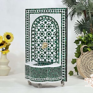 CUSTOM MOSAIC FOUNTAIN - Amazing Indoor/Outdoor Artistic Fountain - Emerlad Green And White Mid Century Pattern - Moroccan Zellige Fountain