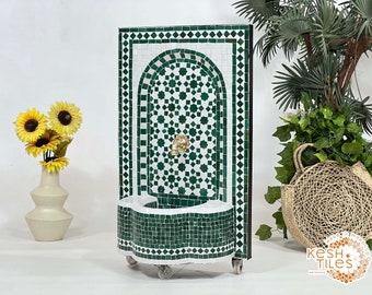 CUSTOM MOSAIC FOUNTAIN - Amazing Indoor/Outdoor Artistic Fountain - Emerlad Green And White Mid Century Pattern - Moroccan Zellige Fountain