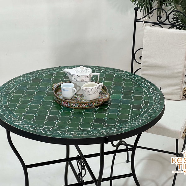UNIQUE MOSAIC TABLE, Handmade Round Table, Moroccan Mosaic Green Table, Traditional Custom Made Design,  Luxurious Outdoor Patio Furniture