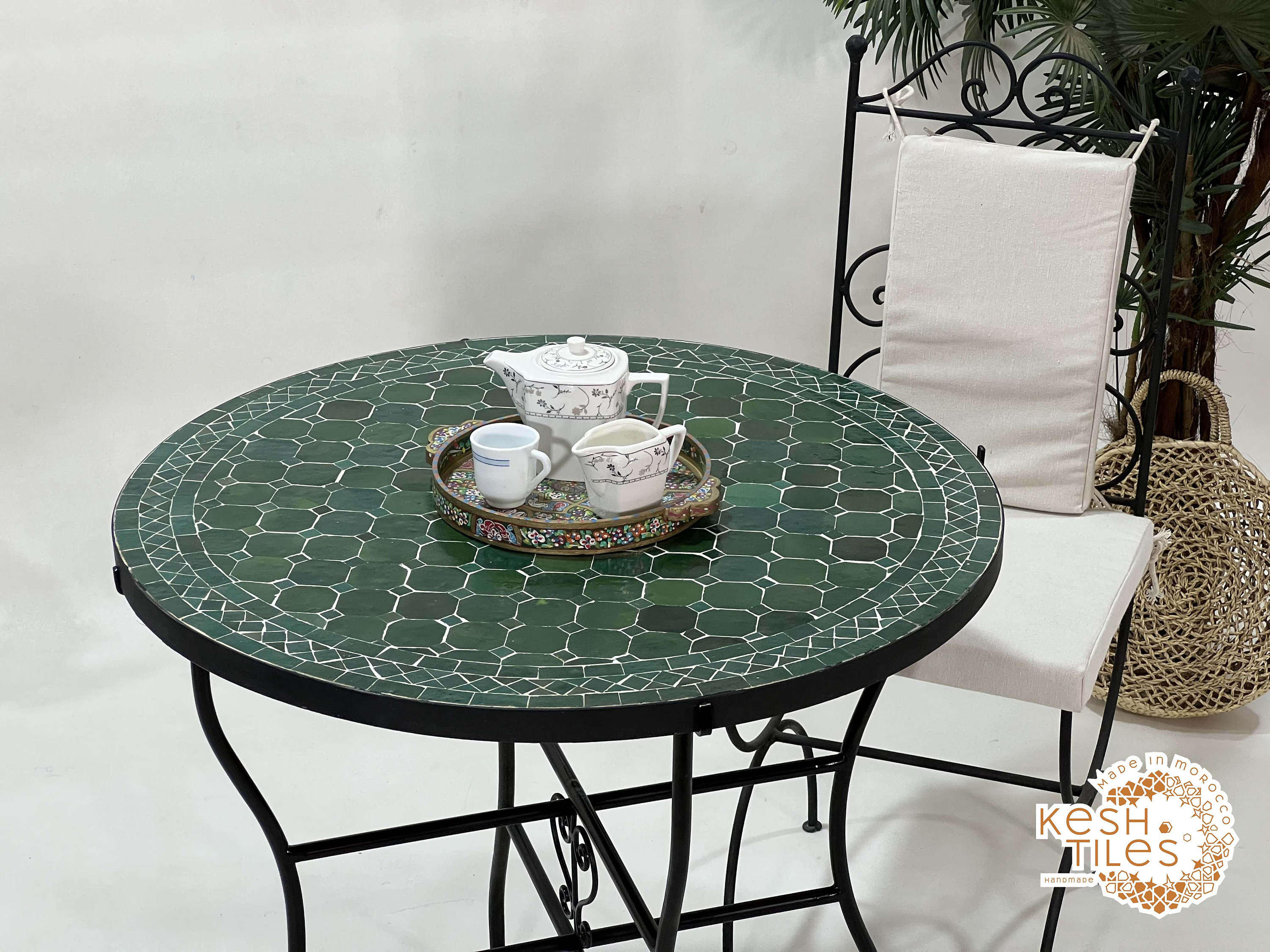 UNIQUE MOSAIC TABLE, Handmade Round Table, Moroccan Mosaic Green Table, Traditional Custom Made Design,  Luxurious Outdoor Patio Furniture
