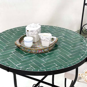 BEAUTIFUL MOSAIC TABLE, Unique Custom Made Herringtone Design , Handmade Round Green Table, Moroccan Luxurious Outdoor Patio Furniture