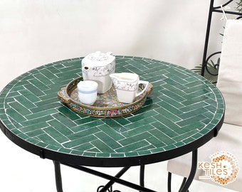 BEAUTIFUL MOSAIC TABLE, Unique Custom Made Herringtone Design , Handmade Round Green Table, Moroccan Luxurious Outdoor Patio Furniture