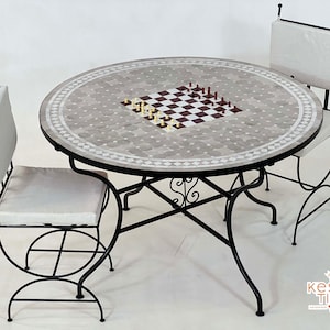 MOSAIC CHESS TABLE, Custom Made Gray And Dark Red Tiles Table, Moroccan Unique Chess Design - Family Reunion Table Gift