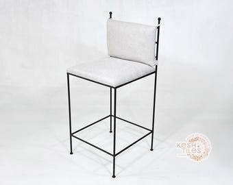 Handmade Moroccan Iron Bar Stool - Black Metal, Beige Upholstery
