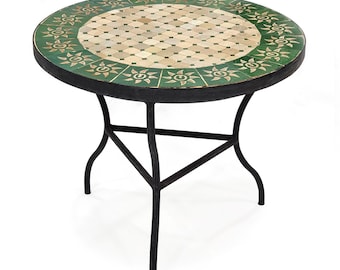 GORGEOUS MOSAIC TABLE, Handmade Round Table, Moroccan Beige And Emerlad Green Traditional Custom Made Design, Luxurious Outdoor Furniture