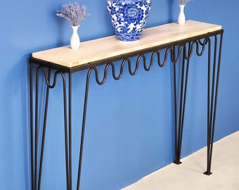 Handmade Travertine Console Table: Powder Coated Base, Meandre Design