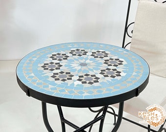 VIBRANT MOSAIC TABLE, Custom Made Baby Blue Mosaic Patio Table, Unique Moroccan Traditional Tiles Design, Luxurious Outdoor Side Furniture