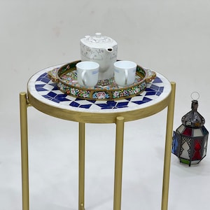 CUTE MOSAIC TABLE, Handmade Round Table, Moroccan Mosaic Blue Table, Traditional Custom Made Design, Luxurious Coffee Table With Golden Base