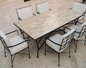 Handcrafted Moroccan Mosaic Table, Handmade Rectangular Dining Furniture - Beige Cofeee Tiles Table