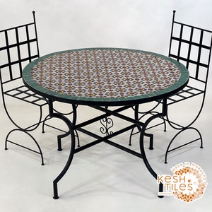 CUSTOMIZABLE MOSAIC TABLE, Made To Order Handmade Tiles Table, Custom Made Round  Indoor/Outdoor Hazel Green And Old Rose Mozaic Table