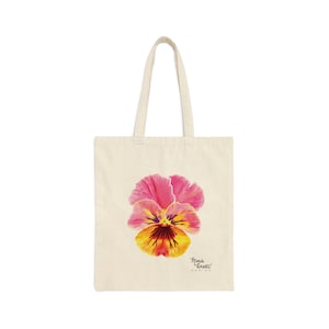 Pink and Yellow Pansy Flower Cotton Canvas Tote Bag | Shopping & Groceries Bag | Vacation Relaxed Style | Viola Tricolor Watercolor Painting