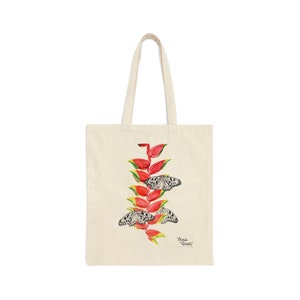 Heliconia Tropical Flower Butterflies Cotton Canvas Tote Bag | Shopping & Groceries Bag | Beach or Vacation | Watercolor Botanical Painting