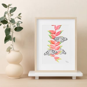 Heliconia Flower and Butterflies Botanical Watercolor painting DIGITAL art print to decorate your home or office, INSTANT DOWNLOAD.