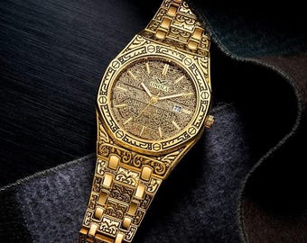 Reloj de cuarzo de acero inoxidable dorado grabado – Adam Planet Design