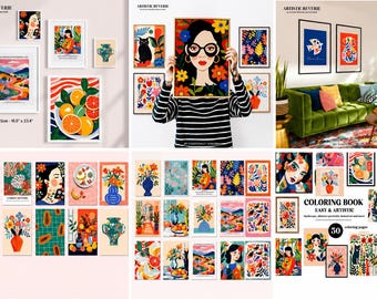 Paquete de arte mural masivo: 50 pósteres imprimibles a todo color / Conjunto de galería maximalista para pared / Descarga digital