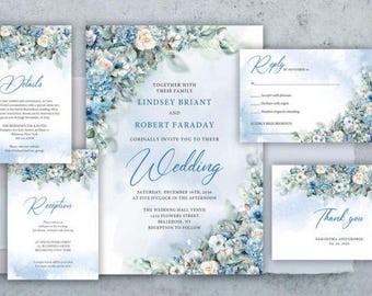 Invitación de boda azul empolvado / Invitación con hortensias y rosas blancas / Descarga de plantilla editable