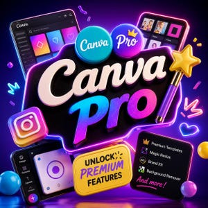 May include: A 3D graphic featuring the Canva Pro logo in white and purple gradient text, surrounded by floating interface elements, a yellow star wand, and a yellow button with the text UNLOCK PREMIUM FEATURES and a list of features.