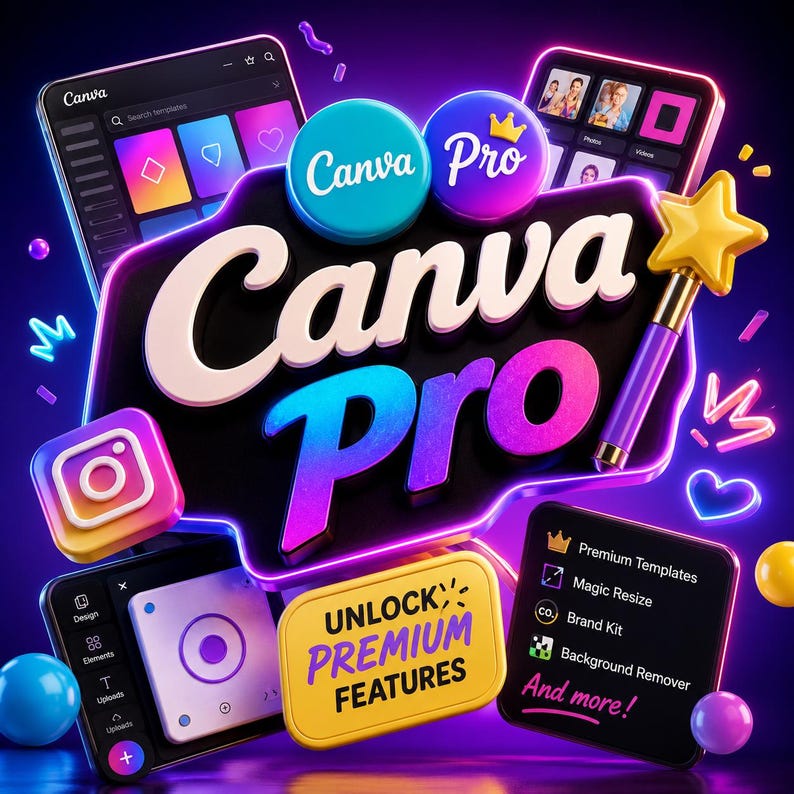 May include: A 3D graphic featuring the Canva Pro logo in white and purple gradient text, surrounded by floating interface elements, a yellow star wand, and a yellow button with the text UNLOCK PREMIUM FEATURES and a list of features.