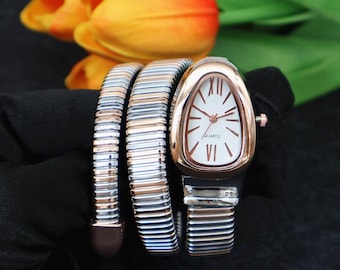 Snake Bangle Watch: Diamond Quartz Wristwatch with Roman Numerals Dial