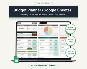 Planificador de presupuesto de Google Sheets / Seguimiento de gastos mensuales, Panel de control financiero anual (Descarga digital)