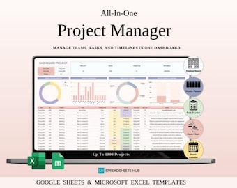 Hoja de cálculo para seguimiento de proyectos / Plantilla para Google Sheets y Excel / Panel de control de gestión de proyectos / Tablero Kanban / Diagrama de Gantt