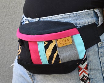 One Of a Kind upcycled Fanny Pack, Multicolored Belly Bag, Small Colorful Hip Bag, Denim Fanny Pack