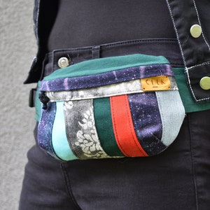 One Of a Kind upcycled Fanny Pack, Multicolored Belly Bag, Small Colorful Hip Bag, Denim Fanny Pack