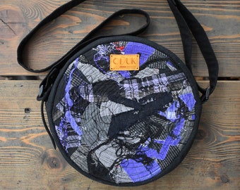 Round upcycled Purse, Fabric Shoulder Bag, Purple Circle Purse, Canteen Bag, Abstract Bag Made From Reused Fabric Scraps
