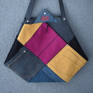 XL Patchwork Tote, Upcycled Tote Bag, Recycelte Stoff Schultertasche, Bunte Jeans Tasche mit Futter, Große Achseltasche