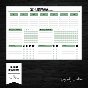 Może przedstawiać: Biały planer A4 (21cm x 29,7cm) z napisem "SCHOONMAAK PLANNER". Zawiera sekcje na każdy dzień tygodnia, a także planowanie dzienne, miesięczne, kwartalne i roczne. Projekt zawiera zielone akcenty.