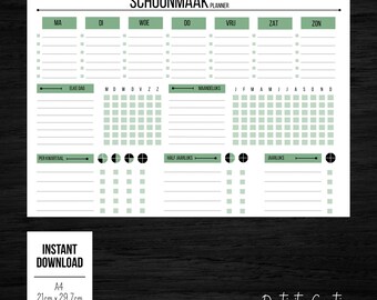 May include: A white planner with the text "SCHOONMAAK PLANNER" at the top. The planner has sections for each day of the week, with additional sections for daily, monthly, quarterly, and yearly planning. The planner is A4 size, measuring 21cm x 29.7cm.
