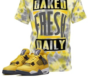 Shirt to Match Jordan 4 Lightning Sneaker Colorway Baked Fresh Daily + Tie Dye Print Design