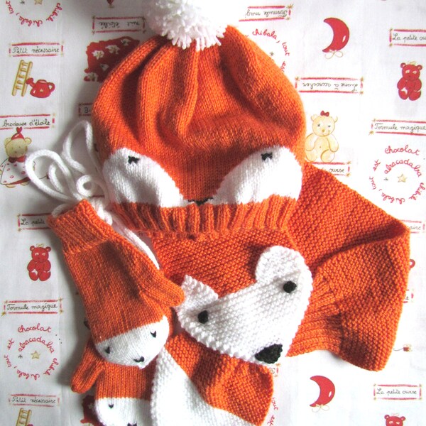 Echarpe + bonnet + moufles enfant tricotés main
