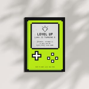 Sjabloon verjaardagsuitnodiging gamer | Bewerkbare uitnodiging voor videogamefeestje | Digitale download | Canvas | Thema groen pixel