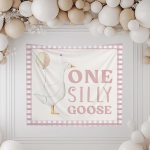 One Silly Goose 1st Birthday Backdrop | 1 Silly Goose Girl First Birthday Party Decor | Pink Goose Large Banner Sign S716
