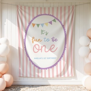 It's Fun to Be One Birthday Backdrop - Personalized 1st Birthday Theme Banner Party Decor Tapestry S981