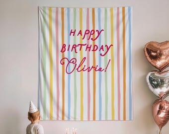 Happy Birthday Backdrop - Whimsical Personalized Girl Birthday Banner - Whimsy Colorful Large Fabric Flag  S1013