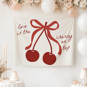 Personalized Cherry on Top Fabric Banner Backdrop | Coquette Bow Cherry Birthday Party Banner | Bow Tapestry for Cherry Bridal Shower S745