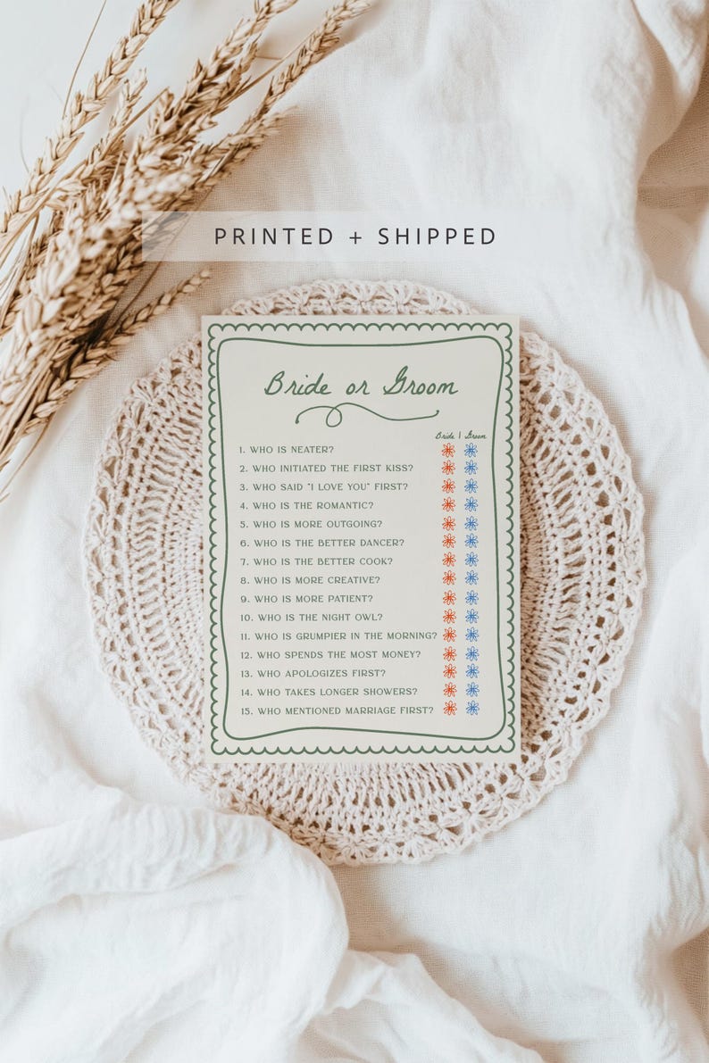 May include: A rectangular wedding game card titled Bride or Groom with a scalloped green border. The card lists fifteen questions with orange and blue flower icons for marking answers. The text is printed in dark green on a light cream background.