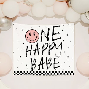 One Happy Babe Birthday Backdrop | Pink Lightning Smile Face Girl 1st Birthday Banner | Happy Babe First Party Decor Wall Tapestry