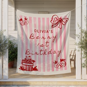 Personalized Berry 1st Birthday Backdrop | Strawberry Birthday Party Large Fabric Flag Banner | Berry First Birthday S857