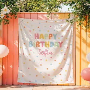 May include: A white birthday banner with colorful polka dots and the words "HAPPY BIRTHDAY Sofia" in pastel colors. Balloons in shades of yellow, pink, and white are on the left and right sides of the banner. Flowers and greenery are at the top.