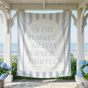 The Summer I Turned Birthday Backdrop | Personalized Seashell Birthday Party Large Fabric Flag Banner | Summer I Turned 13 Birthday