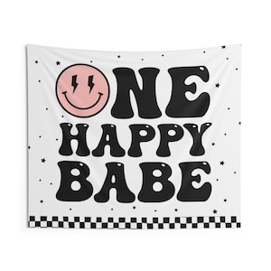 One Happy Babe Birthday Backdrop | Pink Lightning Smile Face Girl 1st Birthday Banner | Happy Babe First Party Decor Wall Tapestry