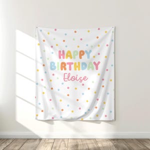 May include: White birthday banner with colorful polka dots and the text "HAPPY BIRTHDAY Eloise" in pastel colors. The banner is rectangular and hangs on a white wall, with a wooden floor visible below.